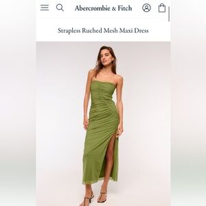 Abercrombie & Fitch Green Strapless Ruched Mesh Maxi Dress